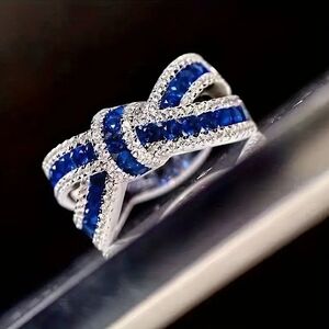 Sapphire Blue & Clear CZs Bow Ring